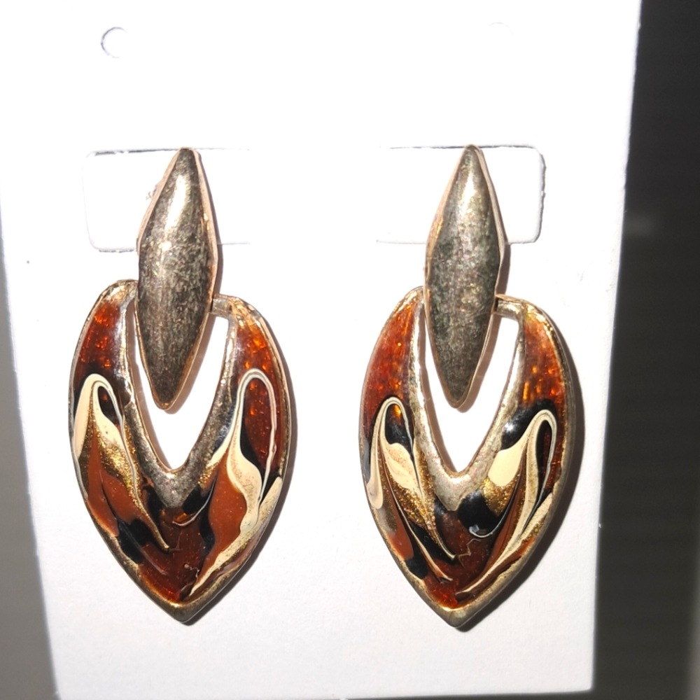 Orange, White, and Black Swirl Enamel Earrings
